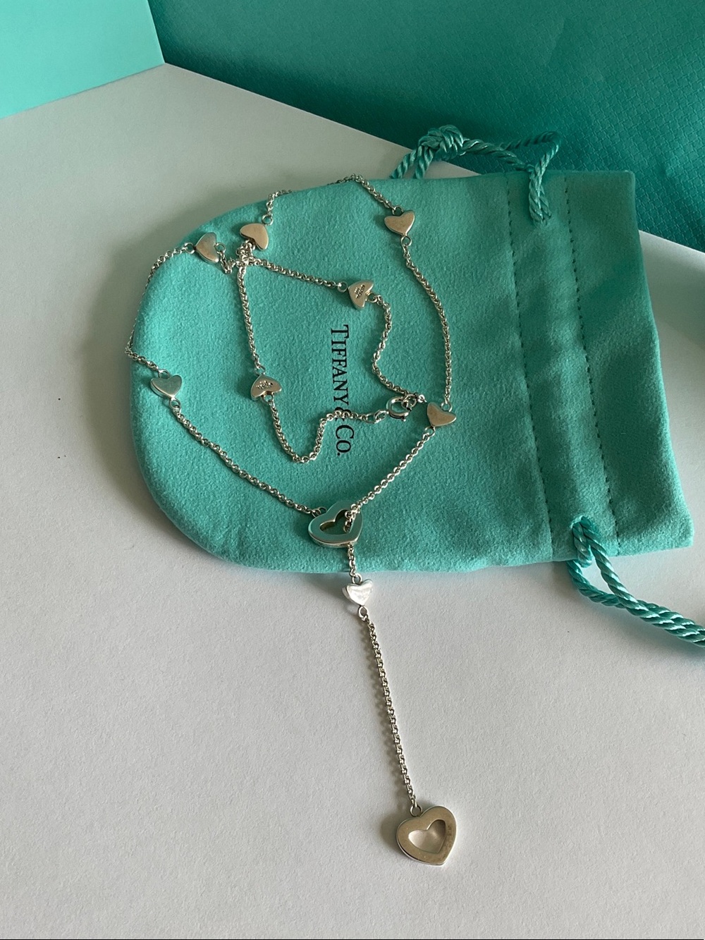 Tiffany & Co. Silver Heart Lariat Necklace - Tiffany Blue Accents